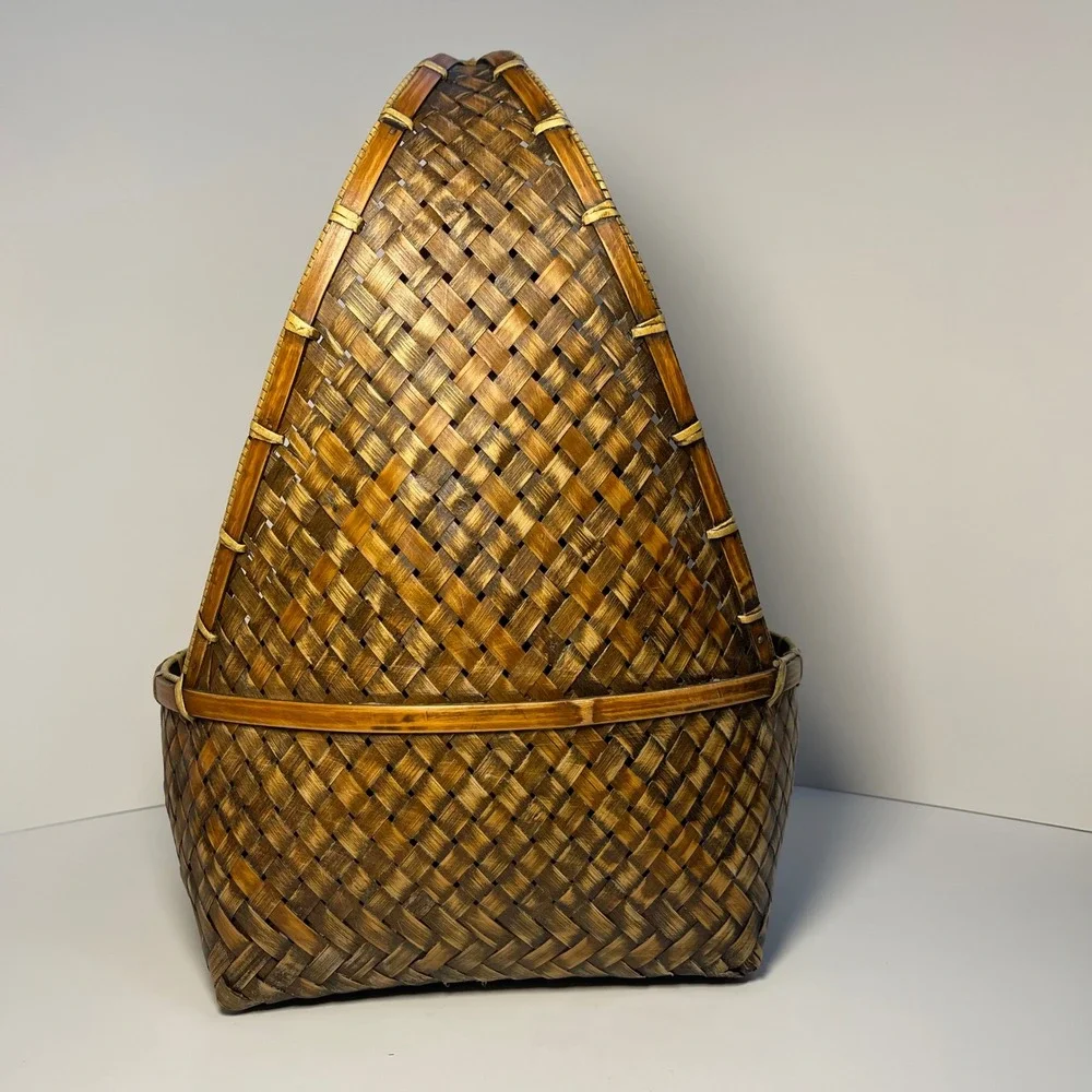 Vintage Woven Bamboo Rattan Gathering Basket Brown High Handle Hanging Pasking